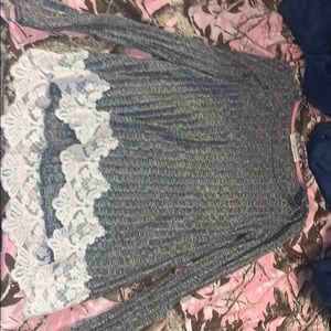 Gray Sweater with White Lace Trim